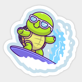 Cute Turtle Surfing In Sea Cartoon Sticker